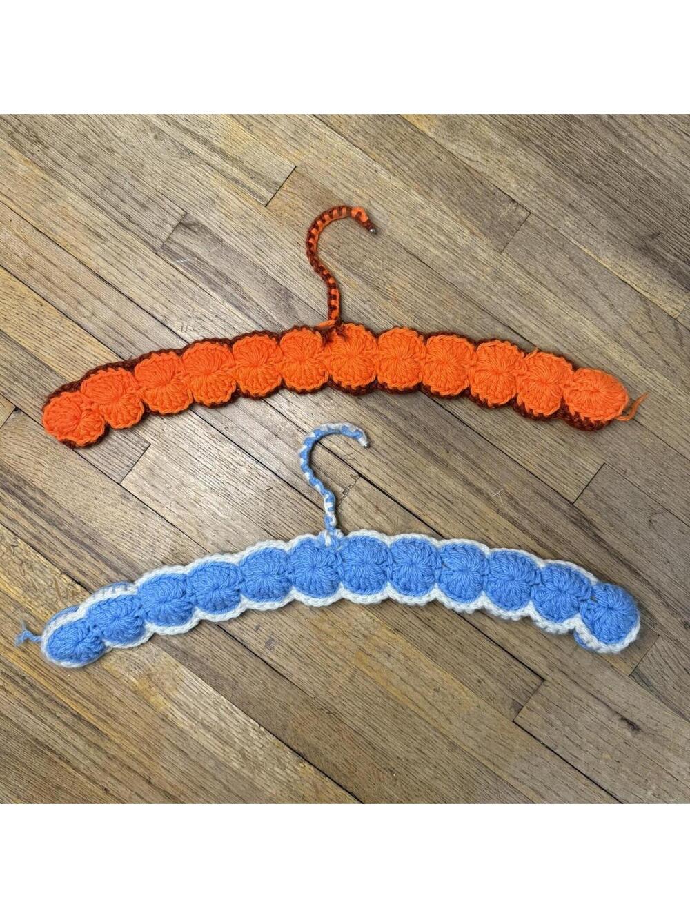 Vintage Handmade Crochet Padded Hangers Set of 2 Blue White Orange Floral
